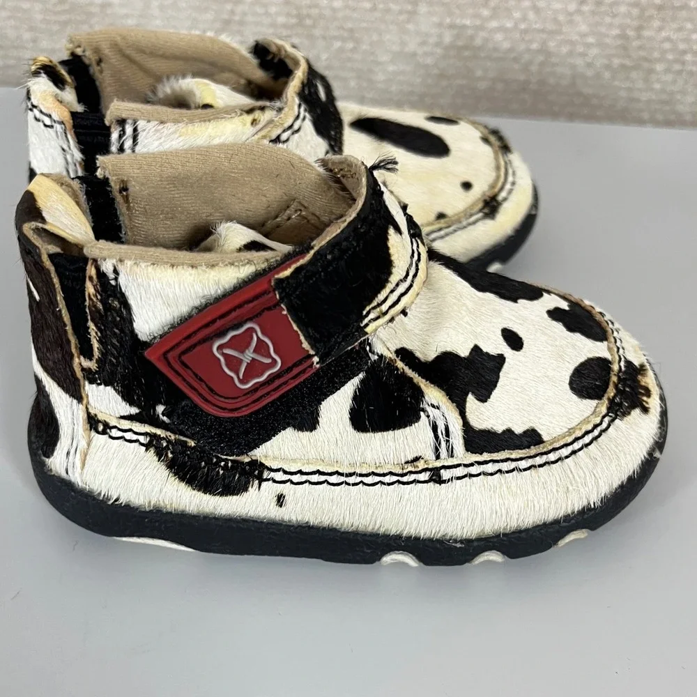 Twisted X Kids Cow Print Moccasins in Black and White
